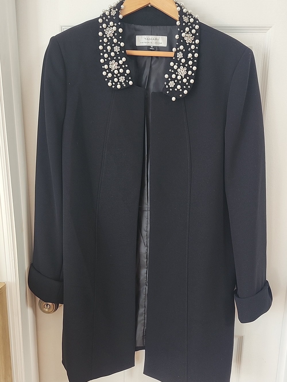 Tahari Black Pearl & Crystal Collar Trench Coat
